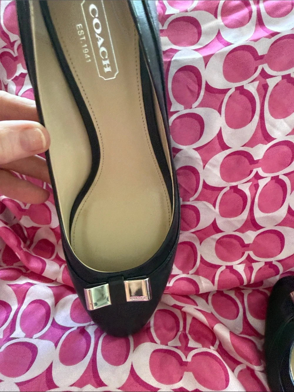 Beautiful  COACH Black Leather wedge shoes with Silver Bow Accent